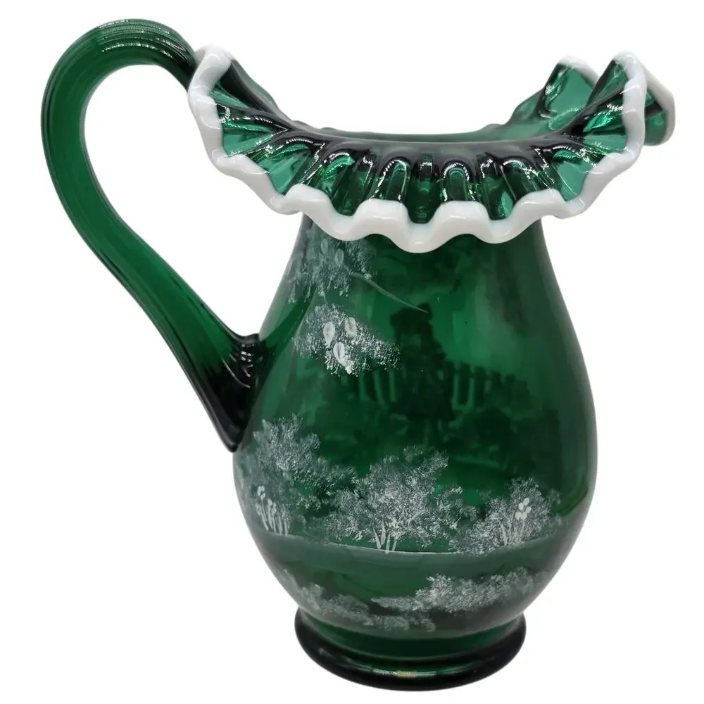Fenton Glass Emerald Mary Gregory Snow Crest Pitcher SIGNED T KELLEY
